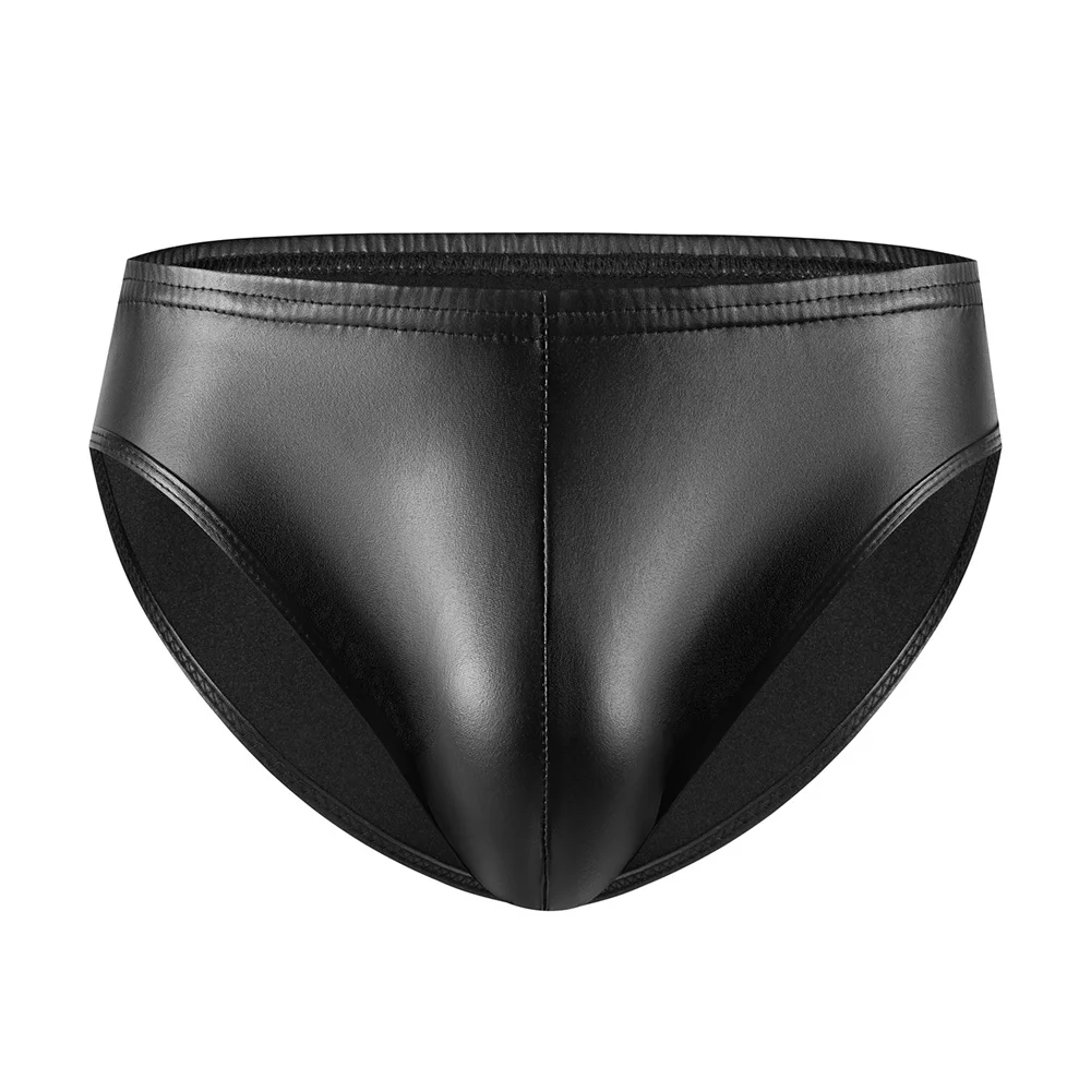 Men\'s Sexy Leather Briefs Underwear Bikini Men Faux Leather Underpants Homme Briefs Lingeries Male Leather Penis Pouch Panties