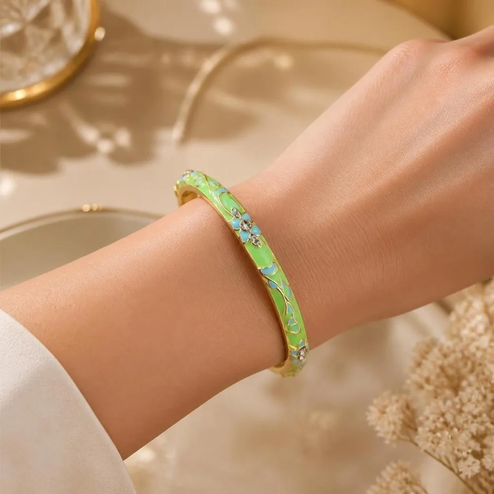 Elegant Enamel Flower Bangle Colorful Enamel Handmade Open Cuff Bracelet Chinese Style Alloy Women's Floral Bracelet Bride