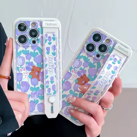 Wrist Strap Phone Holder Case For Samsung S25 S24 FE Plus Ultra A06 16 26 36 56 15 25 35 55 31 24 33 22 13 23 72 Tulip Cover