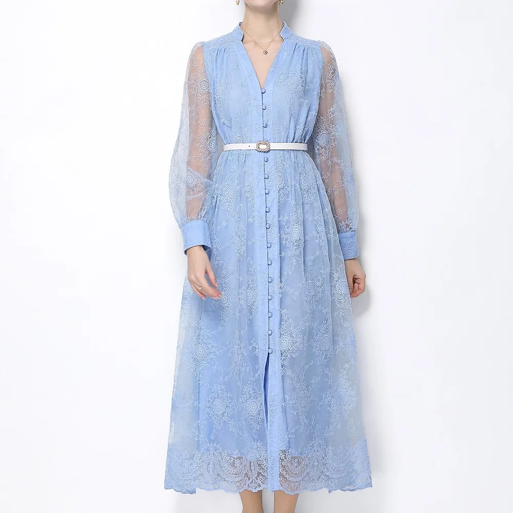 

Ele 2026 Heavy Embroidery Lace Dr with Waist Cinching Single Button Design And Belt High Waist A-Line Skirt Commute Sle