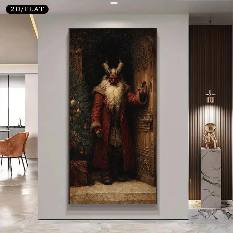 1pc Large Modern Krampus Christmas - Frameless Canvas Poster 31.49x62.99in (80x160cm) Krampus Knocking Door Doorway Scene - Holi