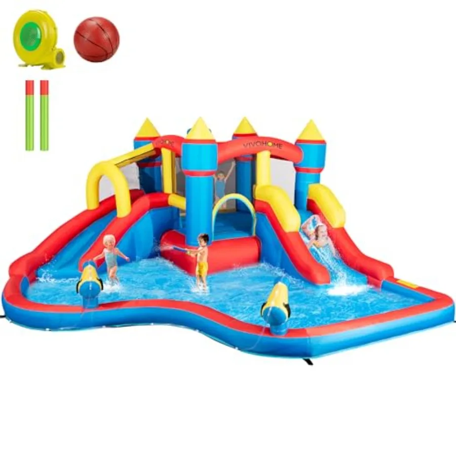 

Outdoor 6-in-1 kids bounce house with slide 15x14 FT inflatable bouncer featuring swimming pool basketball hoop climbing wall s