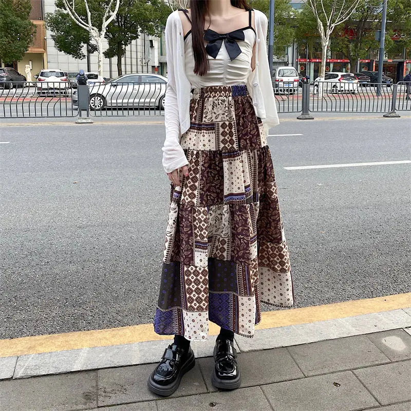 Vintage Skirts Women Folk Style Retro High Waist Print Patchwork A-line Midi Literature Art Stylish Loose Design Harajuku New