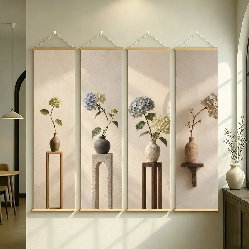 Hydrangea Wall Art 4-Panel Blue White Floral Vase Hanging Scroll Set on Cream Silver Shimmer Canvas for Tranquil Home Decor