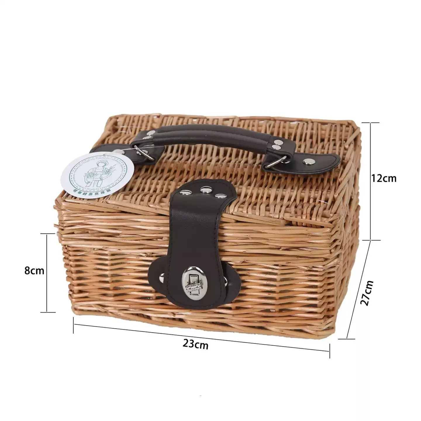 2 Person Willow Picnic Basket Set, Wicker Tea Coffee Hamper with 2 Ceramic Cups, Saucers & Spoons, Portable Outdoor Picnic