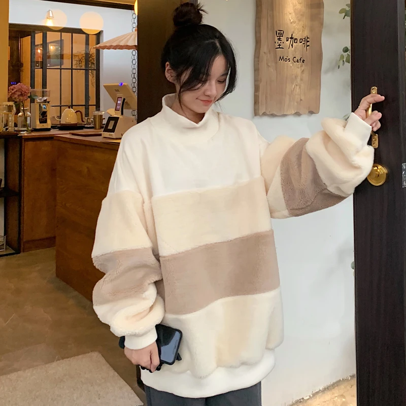 

American Retro Thick Sweatshirts Fashion Contrast Color Patchwork Lambswool Half High Collar Casual All-Matched Pullovers