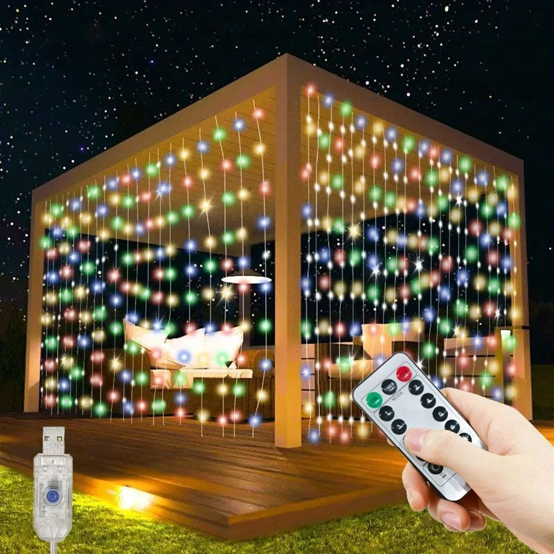 

USB Outdoor LED Curtain Lights with 8 Modes Remote Control,for Christmas Wedding Party,Wall,Home Window,Fairy Garden Decorations