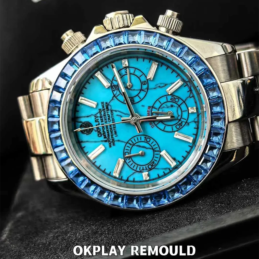 OKPLAY Men Chronograph Watch 39.5mm Customized Modified Quartz Wristwatch Sapphire 100m Waterproof Triple Windows Turquoise Dial