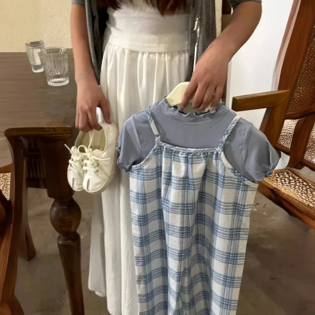 Vêtements pour enfants trempés coréens, vêtements pour enfants, rétro coréen, sangle fine pour filles, pantalon et haut à carreaux, ensemble 2 pièces, été, nouveau, 2024