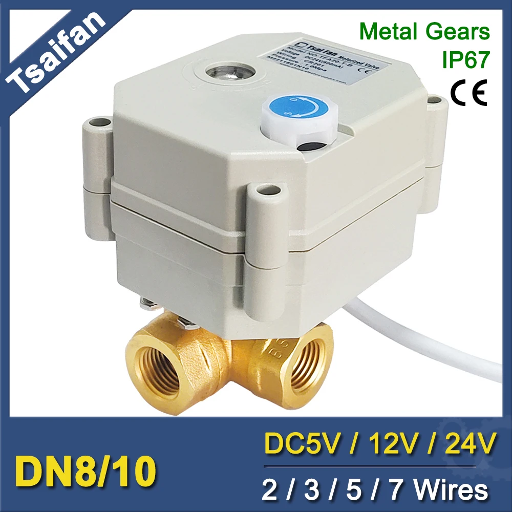 

DN8/10 3-ходовой Т-образный отверстие/L-образный латунный шаровой кран с ручной ручкой, 12 В постоянного тока, 24 В, 3 провода, металлические шестерни, IP67, сертифицирован CE