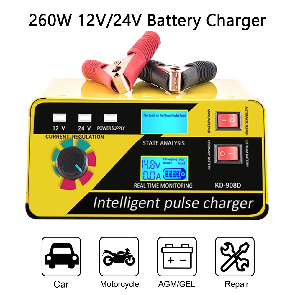 

260W Current Regulate Fully Automatic For Lithium Lead Acid Batteries 12V/20A 24V/10A Car Battery Charger Pulse Repair