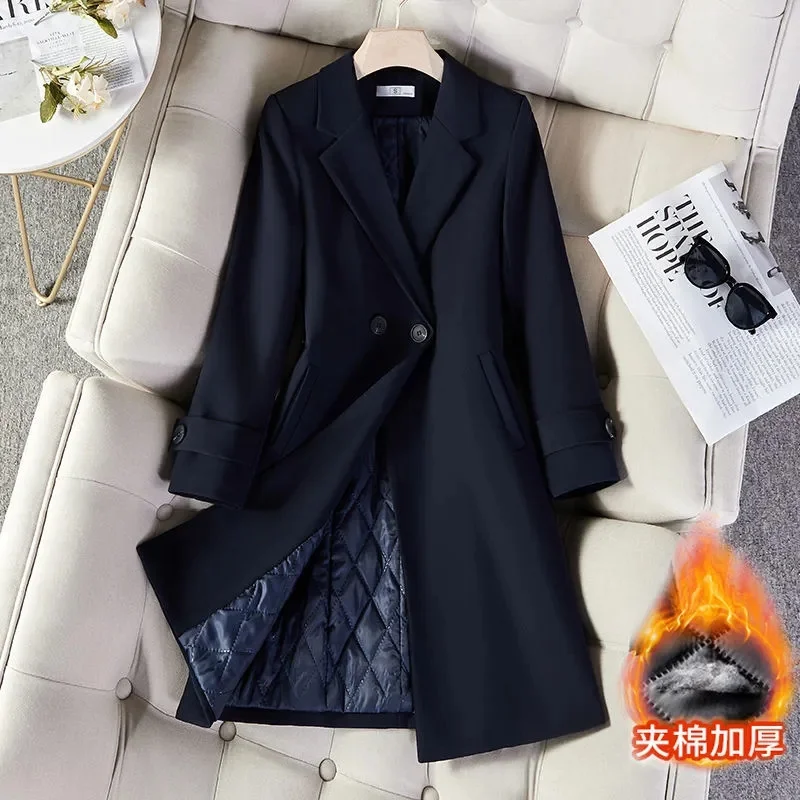 High Quality Autumn Winter Ladies Long Blazer Women Black Red Navy Blue Thicke Blazers Female Casual Jacket Coat Windbreakers