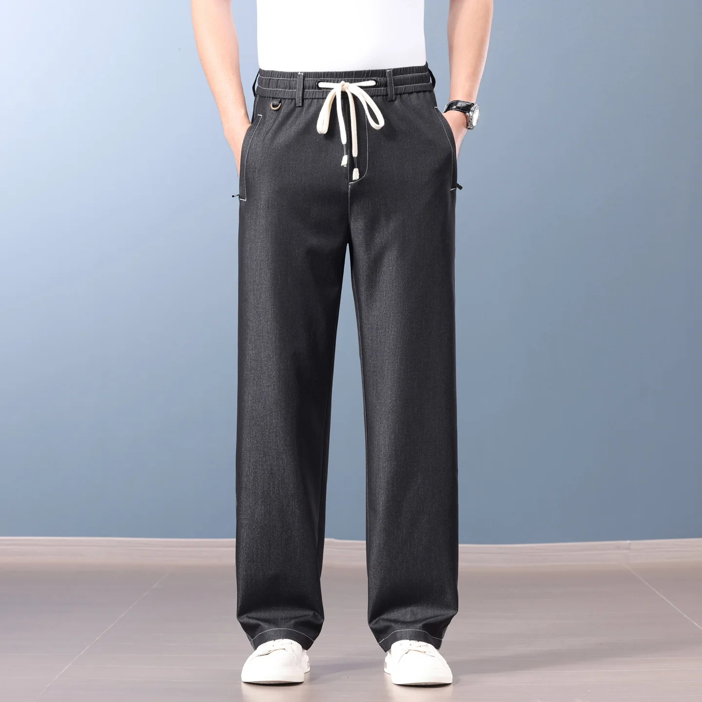 OLA spring  summer casual ice silk imitation denim business casual pants men's light luxury straight loose anti-wrinkle trousers