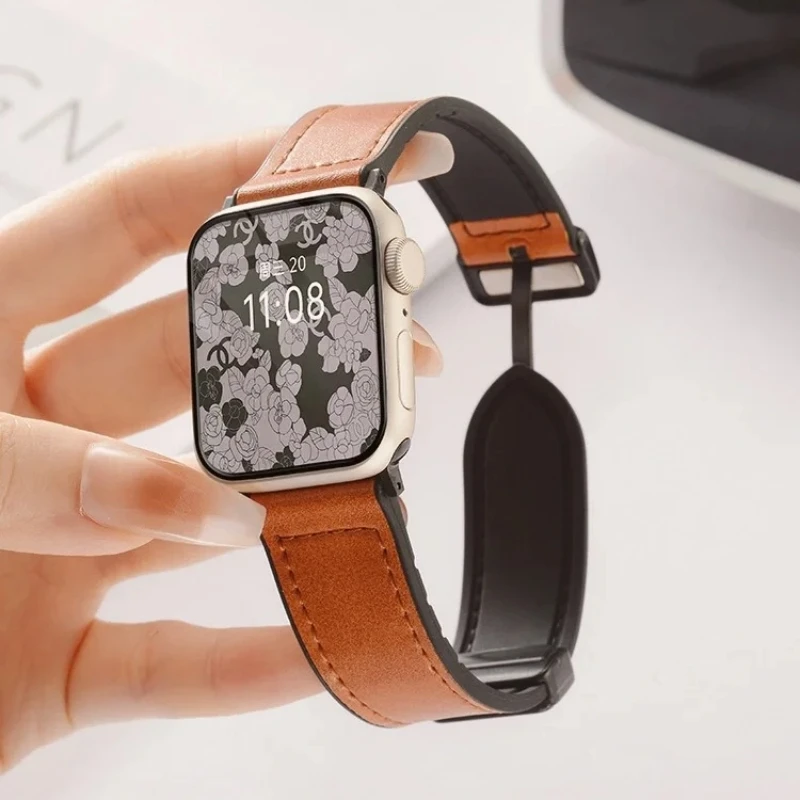 

Leather+silicone Watch Strap for Apple Watch Magnetic Buckle Ultra Series 9/8/7/6/5/4/3 Compatible with 49mm 45mm 44mm 42mm Band