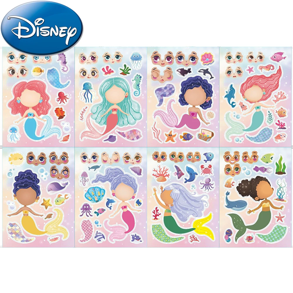 

8/16sheets Cute Disney Mermaid Princess Puzzle Stickers Make a Face DIY Assemble Jigsaw Cartoon Decals Toy Kids Party Decoration