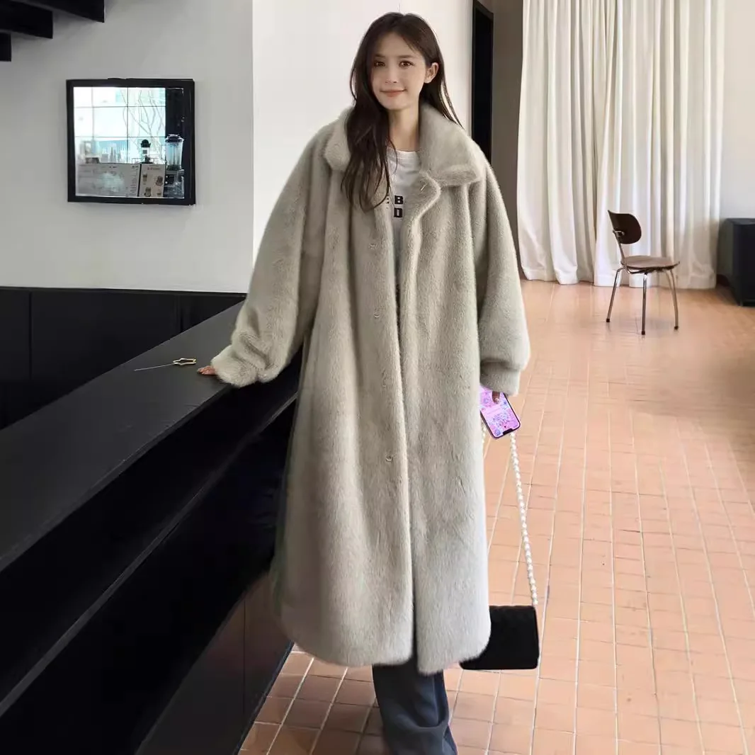 Y2k Faux Fur Long Coats Women Jackets Overcoats Turn Down Collar Full Sleeve Open Stitch Thick Loose Elegant Autumn Winter 2025