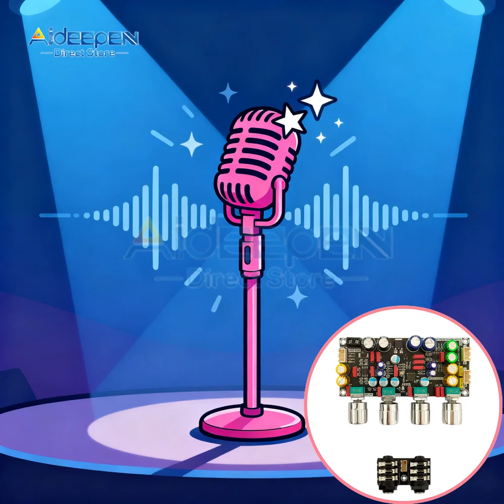 DSP Karaoke Preamp مع صدى قابلة للتعديل ومؤثرات صوتية ثلاثية الأبعاد مدخلات ميكروفون مزدوجة 6.35 مم للمسرح المنزلي وأنظمة الترفيه