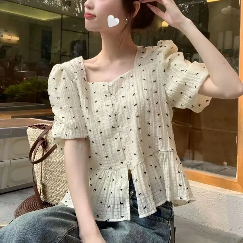 

Женская одежда, летняя мода, корейские пуговицы, однотонные, с круглым вырезом, женские универсальные модные тонкие шифоновые топы с короткими рукавами