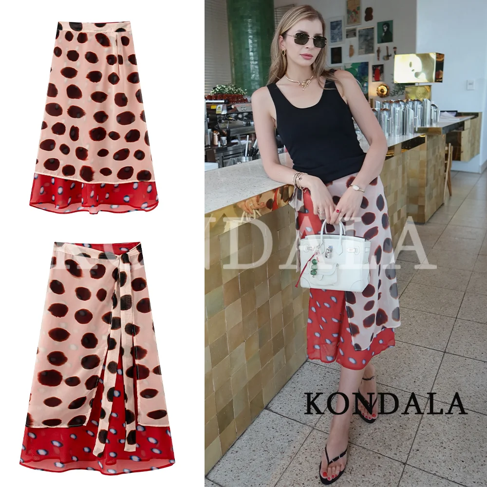 KONDALA Women Vintage Chic Leopard Skirt Unique Elegant Lace-up Midi Skirt 2026 Summer Trendy Party Leisure Street Style Skirts