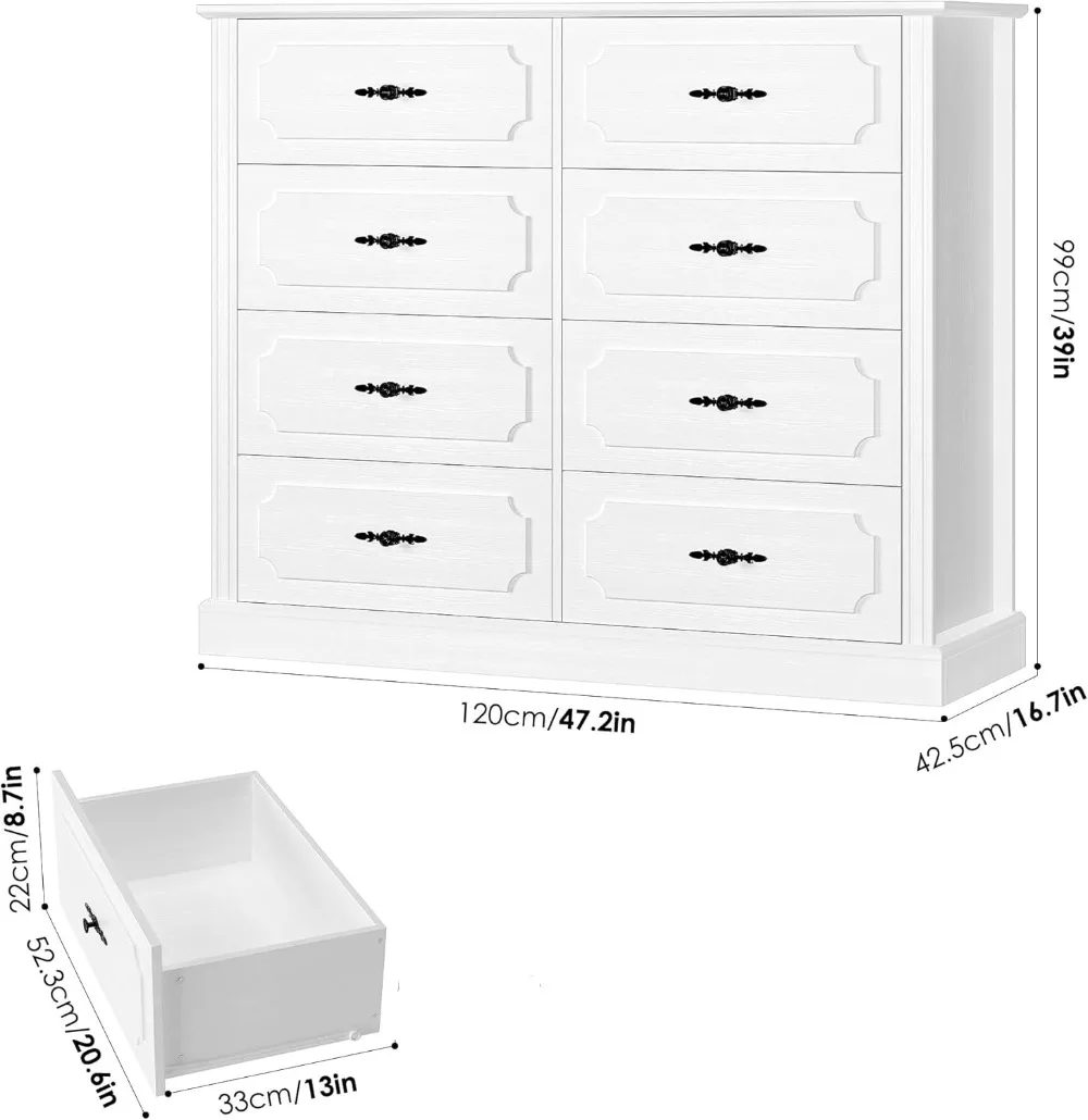 finetones White Dresser Chest of Drawers, Wood Dresser 8 Drawer with Steel Handles, Modern Dresser Drawers Floor