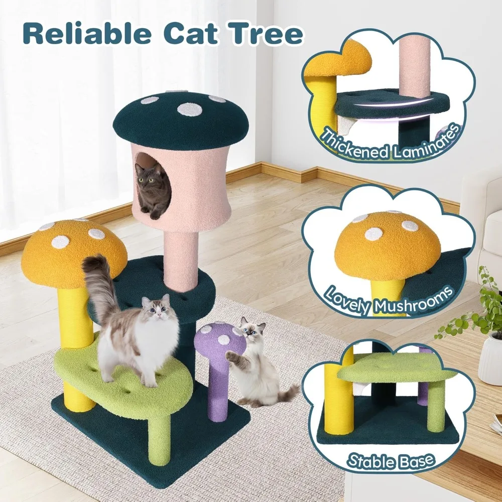 "multi-level sisal-wrapped cat tower with scratching posts and interactive balls for engaging play"