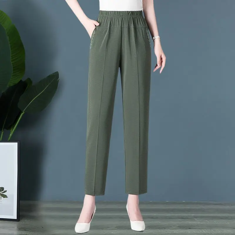 Summer New Women's Clothing Fashion Casual Solid Color Pants Office Lady Elastic High Waist Simplicity Pants Cropped Trousers