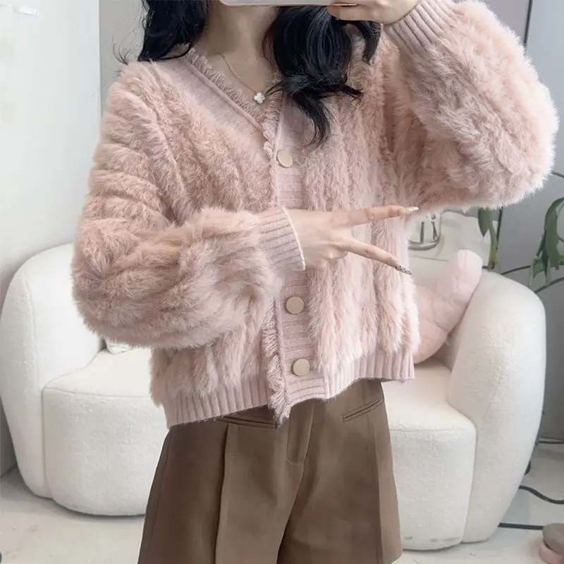 Imitation Mink Sweater Cardigan Women Korean Slim Plush Knit O-neck Short Tops Casual Knitwear Gilet Jackets Soft Solid Coats