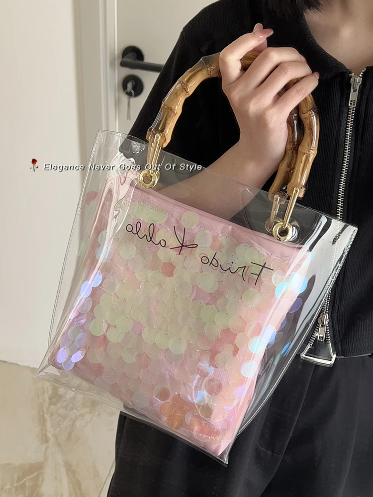 Transparent Handbag 2023 New Summer Sequin Design Bucket Bag Fashionable Single Shoulder Crossbody Bag Bamboo Handle