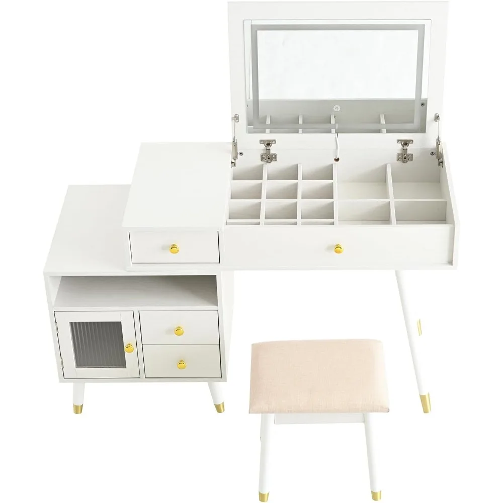 مكتب زينة بمرآة قابلة للطي مع خزانة قابلة للتعديل، وطاولة تزيين المكياج ومقعد، ومقبض ذهبي، وتصميم علوي للساق
