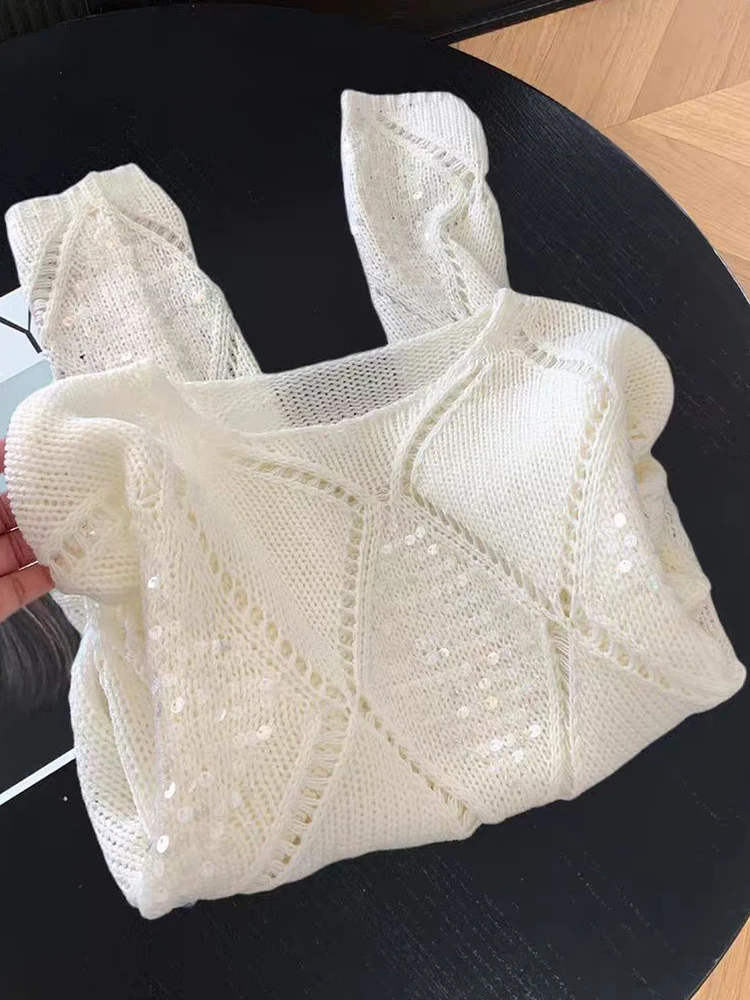 

Ele Heavy Embellied Sequin Sweater Women's Spring Autumn Lazy Sle White Diamond Hollow Knitted irt Korean Version L...
