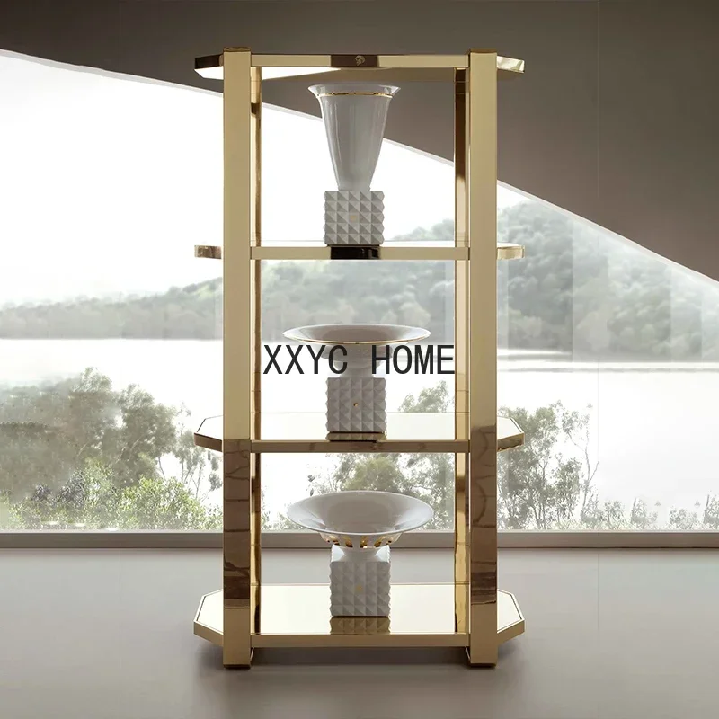Italian-Style Light Luxury Stainless Steel Bookshelf and Storage Shelf Living Room Wall Tempered Glass Shelves Decorative