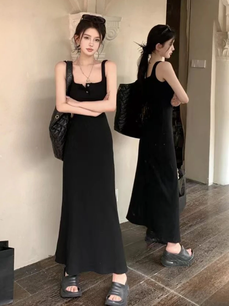 Dress Women Spaghetti Straps All-match Party Midi Design Sleeveless Holiday Solid Elegant Ins Summer Fashion Korean Style A-line