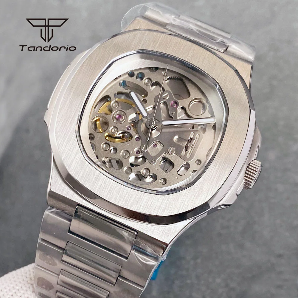 Tandorio NH70 Skeleton Dress 40mm Square Men\'s Stainless Steel Brushed Mechanical Watch Sapphire Hollow Automatic Wristwatch