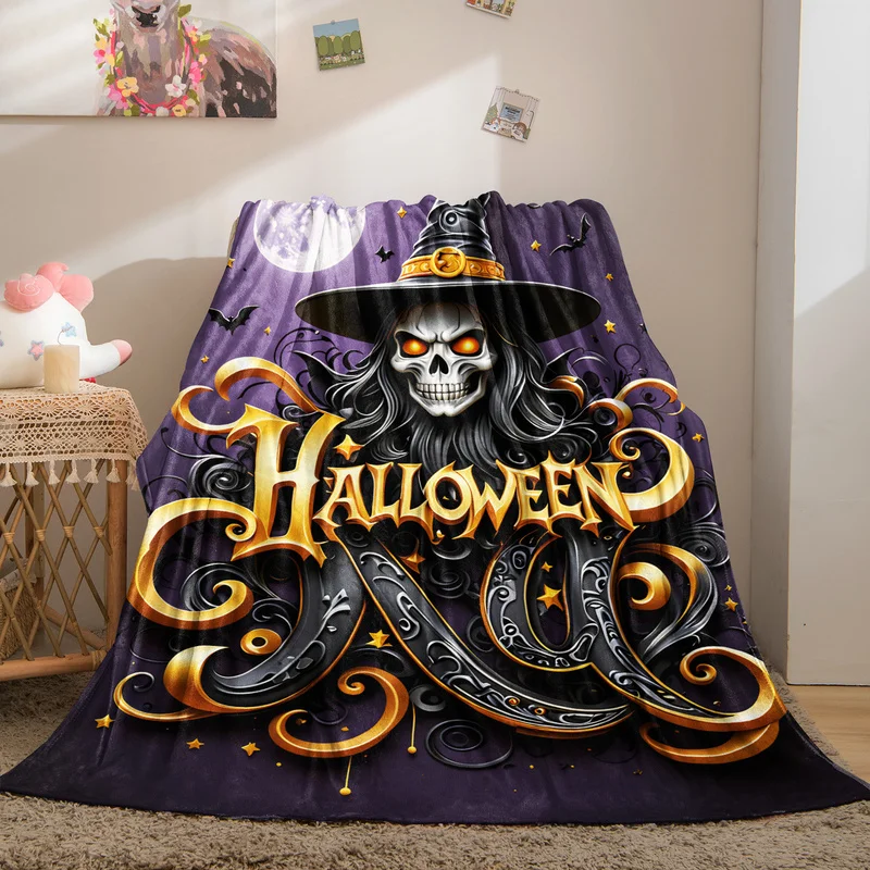 Happy Halloween Flannel Blanket Fashion Castle Pumpkin Skeleton Spider Print Throw Blanket Cozy Warm Sofa Bed Decor Holiday Gift