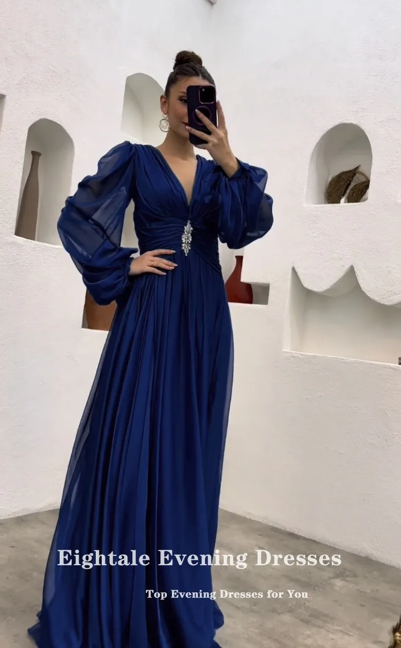 Eightale Navy Blue Evening Dress V-Neck Chiffon Long Sleeves Prom Party Dress High Slit Beaded Vestidos De Noche Ballkleider