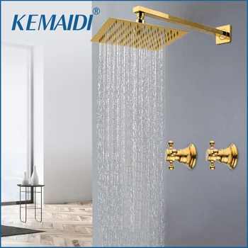 KEMAIDI مطلية بالذهب حوض الاستحمام خلاط 10 بوصة دش رئيس 2 مقبض دش الحنفيات مجموعة الأمطار نظام دش جدار جبل