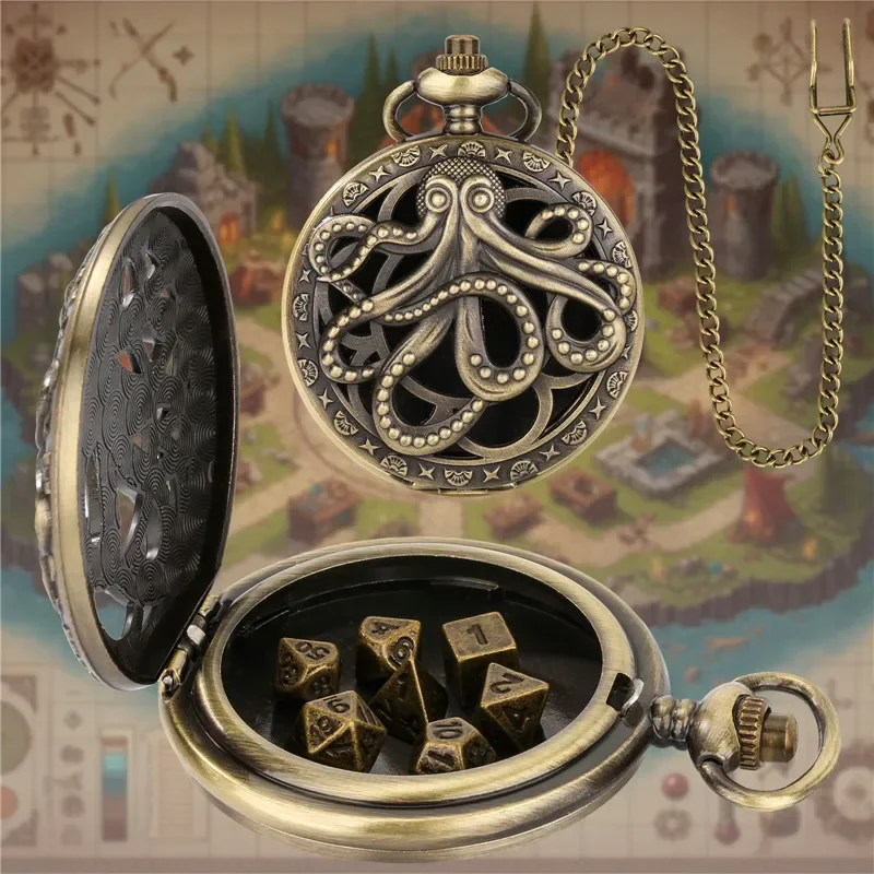 

Retro Hollow Octopus Pocket Watch Case Pendant Chain with 7pcs Metal Polyhedral Dice Role Playing Board Games Accessory