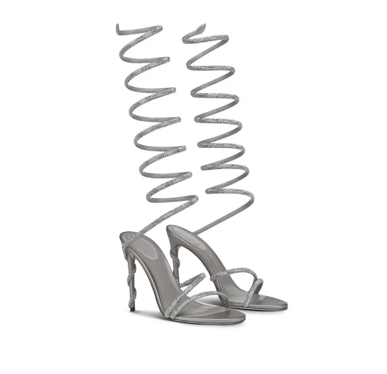Round Open Toe Stiletto Sexy Women's Summer New Snake-Shaped Rhinestone High-Heeled Banquet High-Top Fashion Sandals