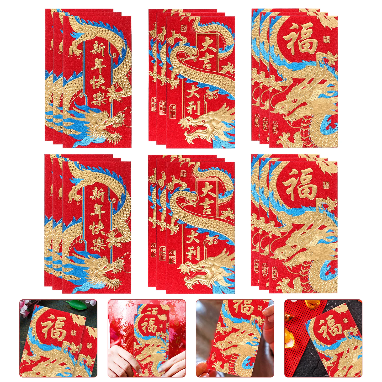 

18pcs Chinese New Year Red Envelopes Spring Festival Dragon Pattern Cash Envelops Festival Celebration Red Pocket Money Bags