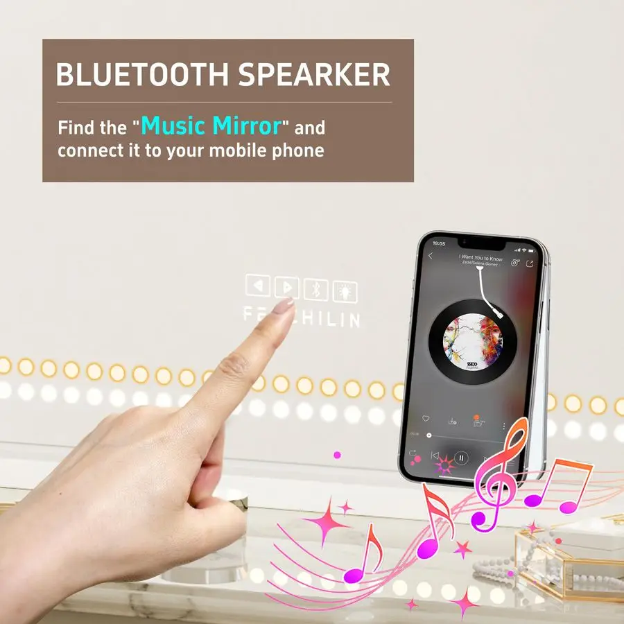 مرآة الغرور مع أضواء ومكبر صوت بلوتوث 31.5x 22.8 مرآة ماكياج مضاءة مرآة هوليوود مع حبات إضاءة LED شحن USB #2