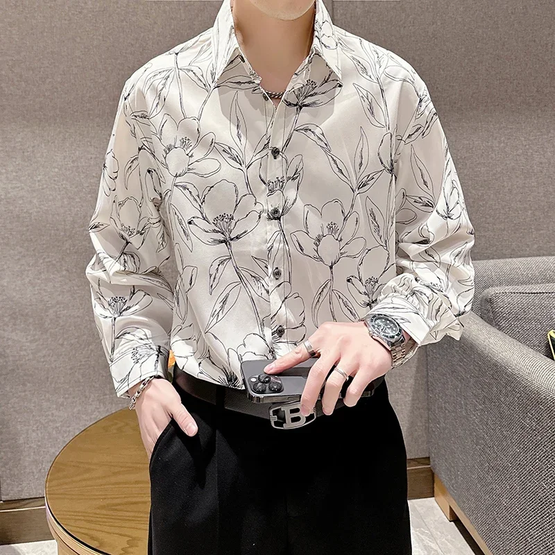 High Quality Floral Shirt for Men 2024 Autumn Long Sleeved Casual Shirts Fashion Slim Fit Versatile Business Social Office Tops