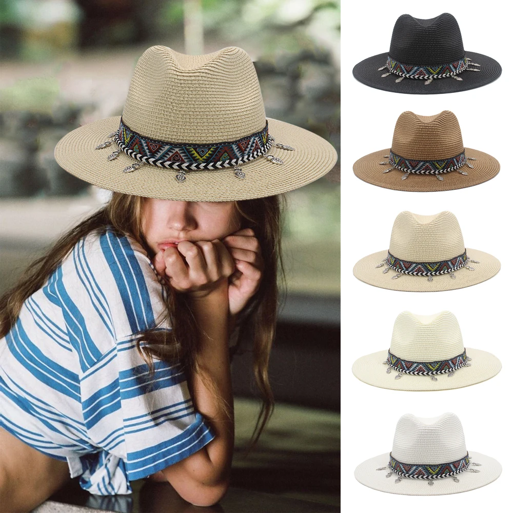 

2 Sizes Unisex Men Women Soft Straw Panama Hats Summer Fedora Wide Brim Sunhats Trilby Caps Outdoor Beach Travel Sombrero UK M-L