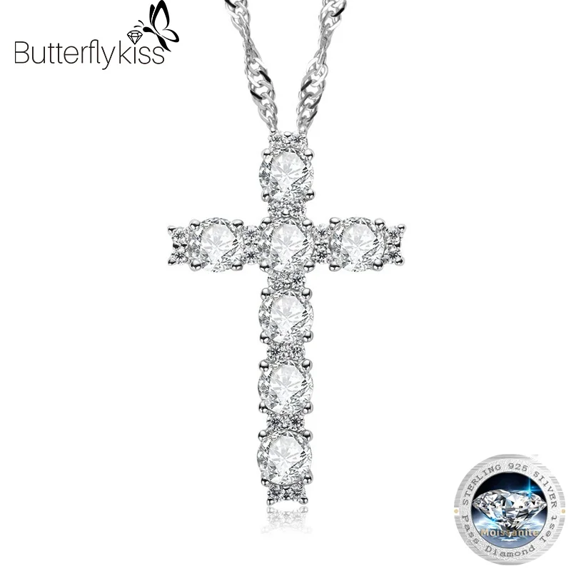 

Butterflykiss Jesus Cross Pendant Inlaid D Color Moissanite S925 Silver 18k White Gold Plated Necklace For Women Wedding Jewelry