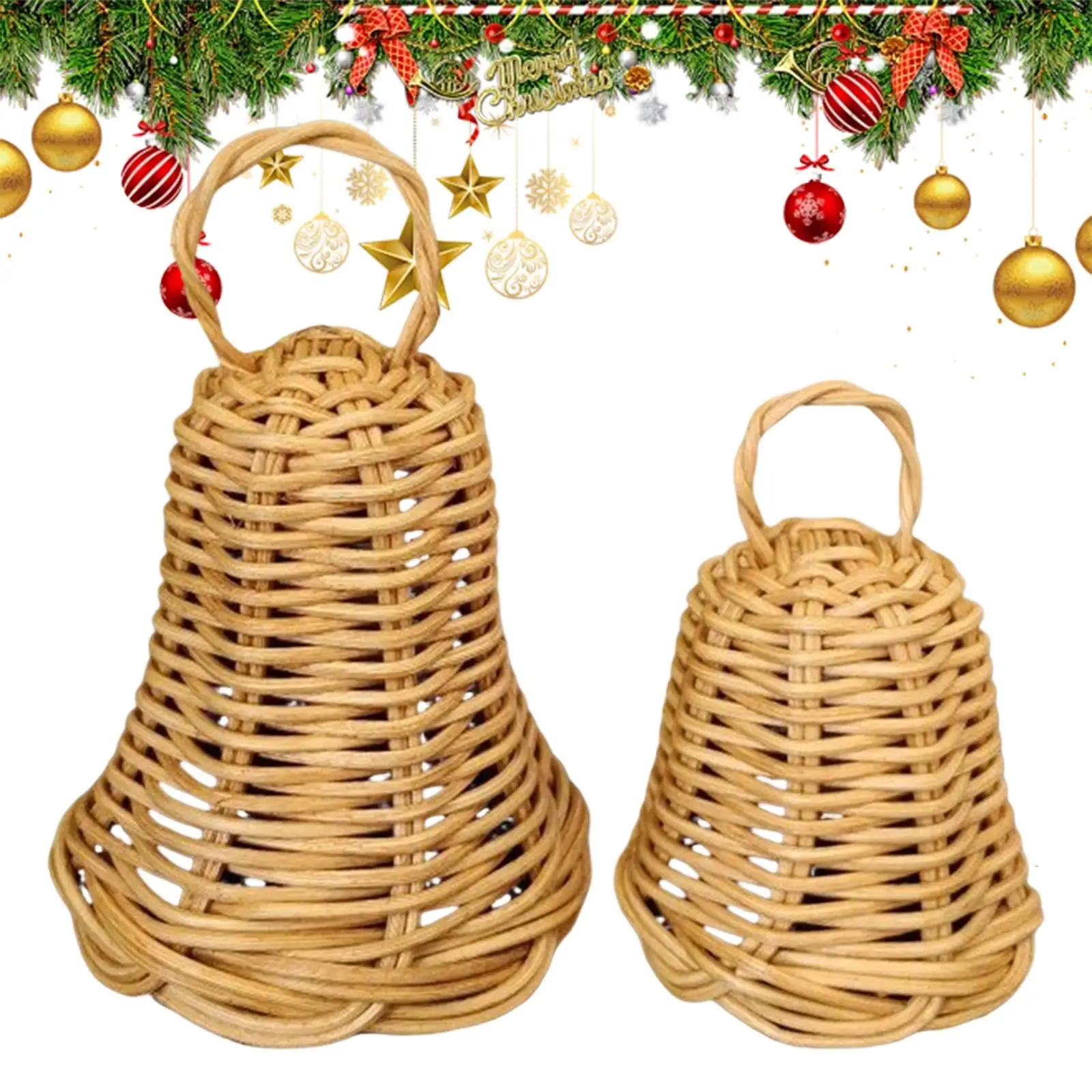 Christmas Bells 2 Pieces Rustic Natural Rattan Woven Bells Handmade Hanging Christmas Tree Ornaments Wreath Fireplace Decor