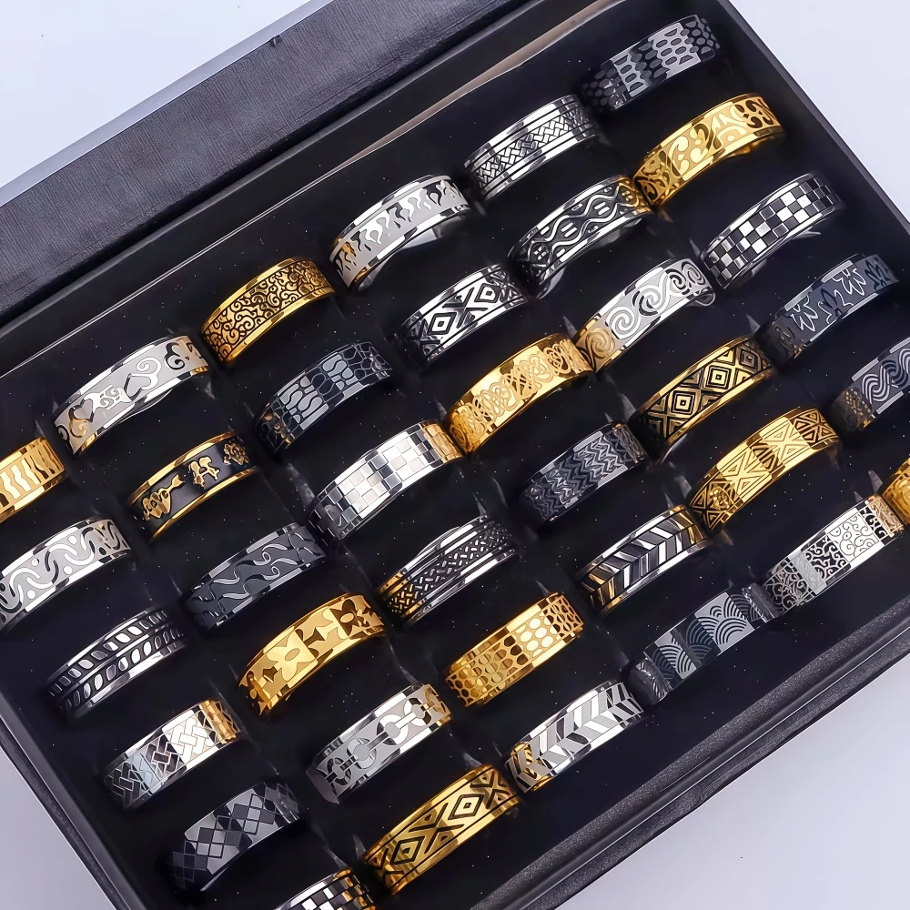12/24/36/50Pieces Vintage Black Drip Oil Stainless Steel Rings For Women Men Mix Style Fashion Party Gifts Daily Jewelry