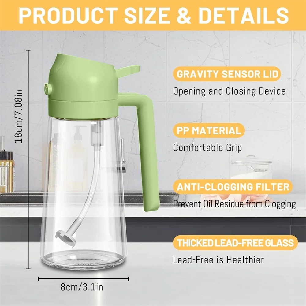 16oz/470ML Glass Oil Dispenser with Automatic Flip Lid  2in1 Kitchen Bottle,Cooking Sprayer,Leak-Proof Design,Oil Spray Bottle