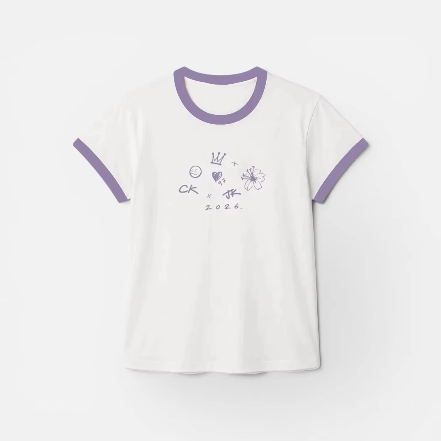 2026 New Round Neck Short Sleeved Color Blocked Black Thread Draft Small Crown Printed Men Women and Children Family Version