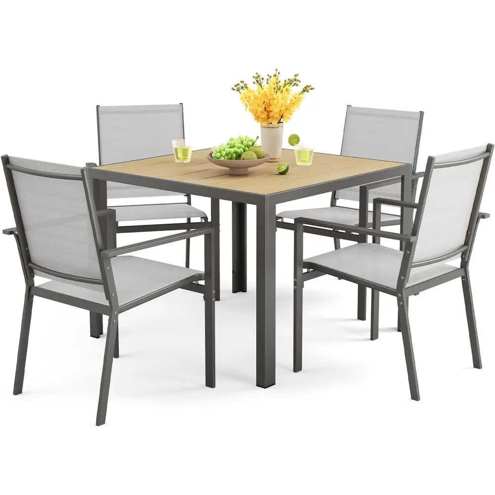 

All-Weather Outdoor Dining Set for 4 with Umbrella Hole, Rust-Resistant Steel, Easy to Clean, Grey
