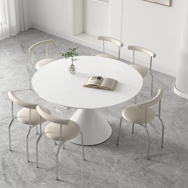Cream wind pure white matte rock slab dining table rotating telescopic folding dining table square becomes round dual-purpose