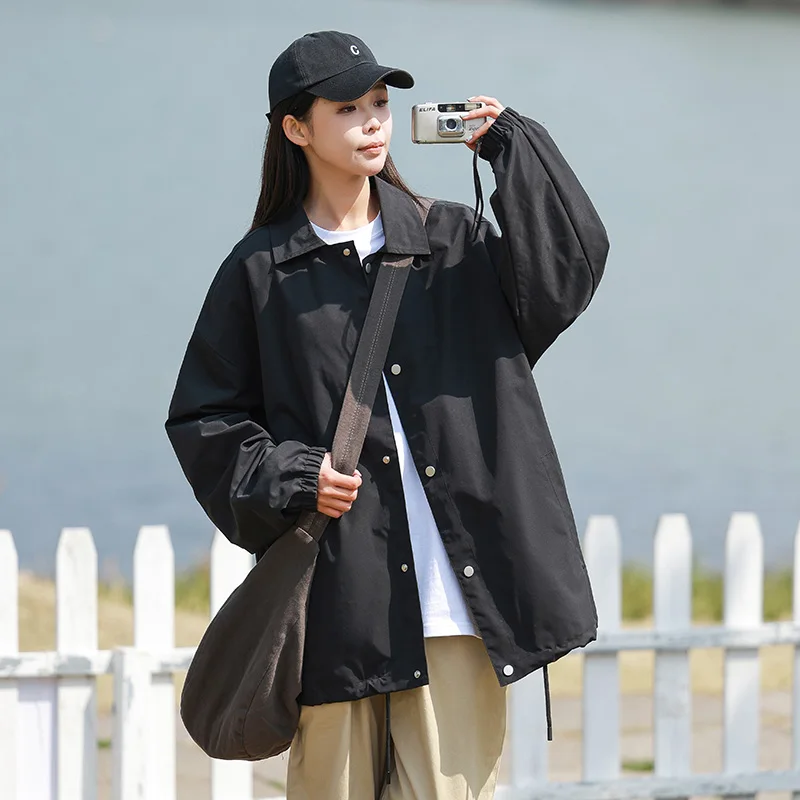 2024 Jesienne kurtki bomberki damskie Y2K TRAF Luźne płaszcze damskie Dorywczo Kołnierz Turndown Płaszcz z długim rękawem Damska szykowna odzież wierzchnia